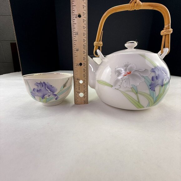 Vintage Otagiri Iris Bouquet Teapot & 4 Cups Set Ceramic Bamboo Handle - Picture 13 of 13